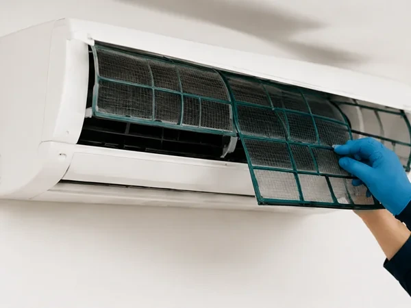 An Ad Aircond Solution technician washing the evaporator coil of a wall-mounted aircond in Kuala Lumpur.