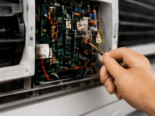 An Ad Aircond Solution technician testing the control wiring inside an aircond unit in Kuala Lumpur.