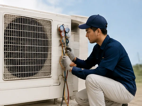 An Ad Aircond Solution technician checking refrigerant pressures at the outdoor unit with gauges in Kuala Lumpur.