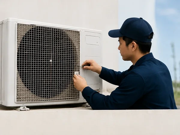 An Ad Aircond Solution technician fitting an outdoor condenser unit during an installation in Kuala Lumpur.
