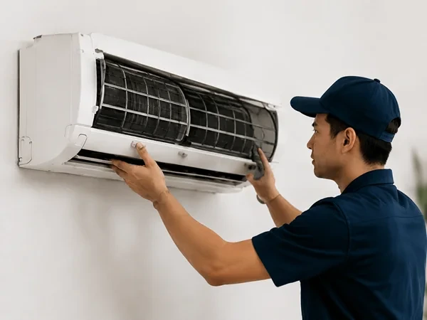An Ad Aircond Solution technician testing the indoor unit of a wall-mounted aircond during a repair visit.